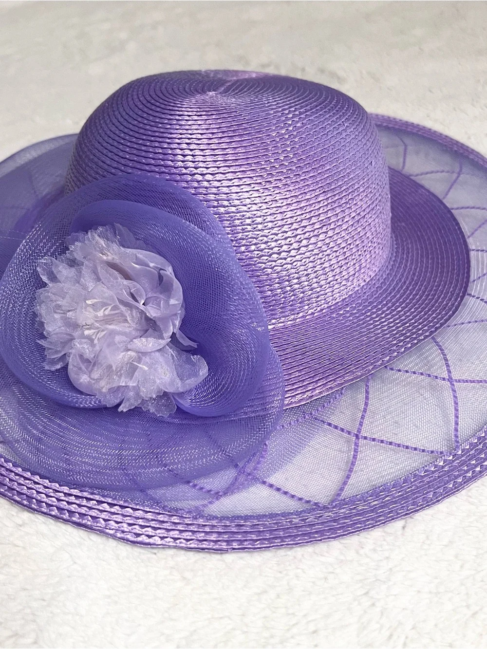 Vintage Lord & Taylor Lavender Purple Wide Brim Floral Fascinator Derby Hat